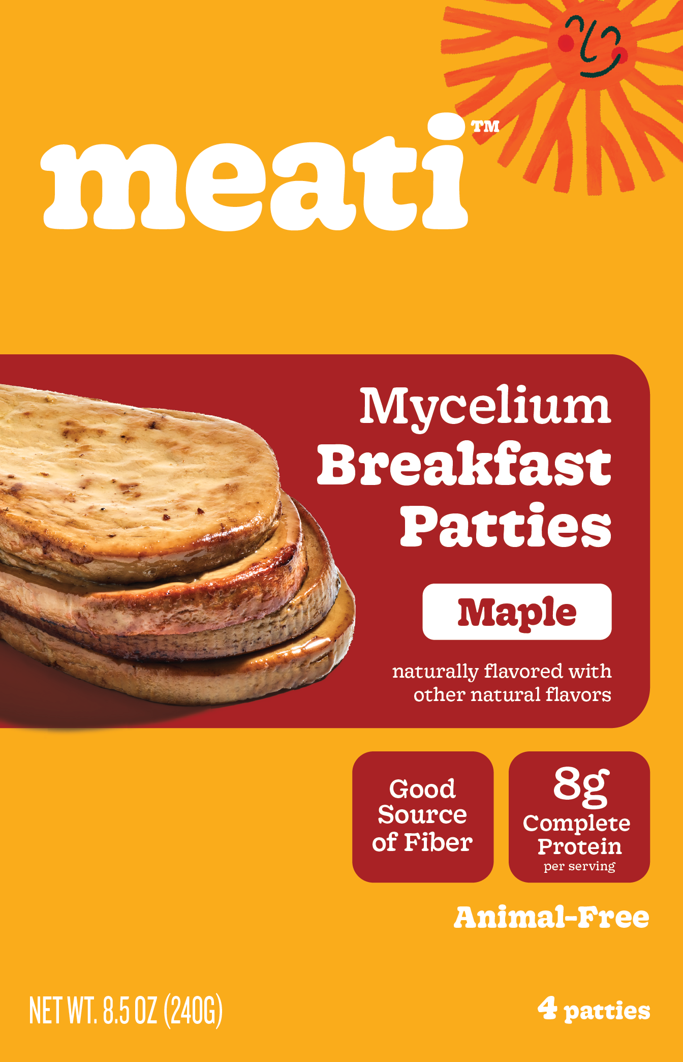 Packaging of meati Mycelium Breakfast Patties on a yellow background